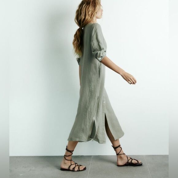 Zara 100% Linen Dress Pockets Khaki - Picture 9 of 11